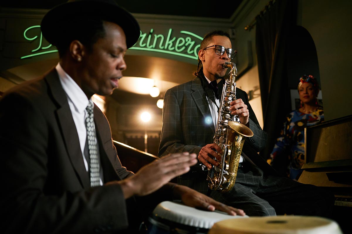 Two jazz musicians performing at a venue